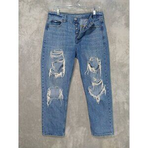 American Eagle Jeans Women 10 Blue Denim Vintage Hi Rise Distressed Button Fly